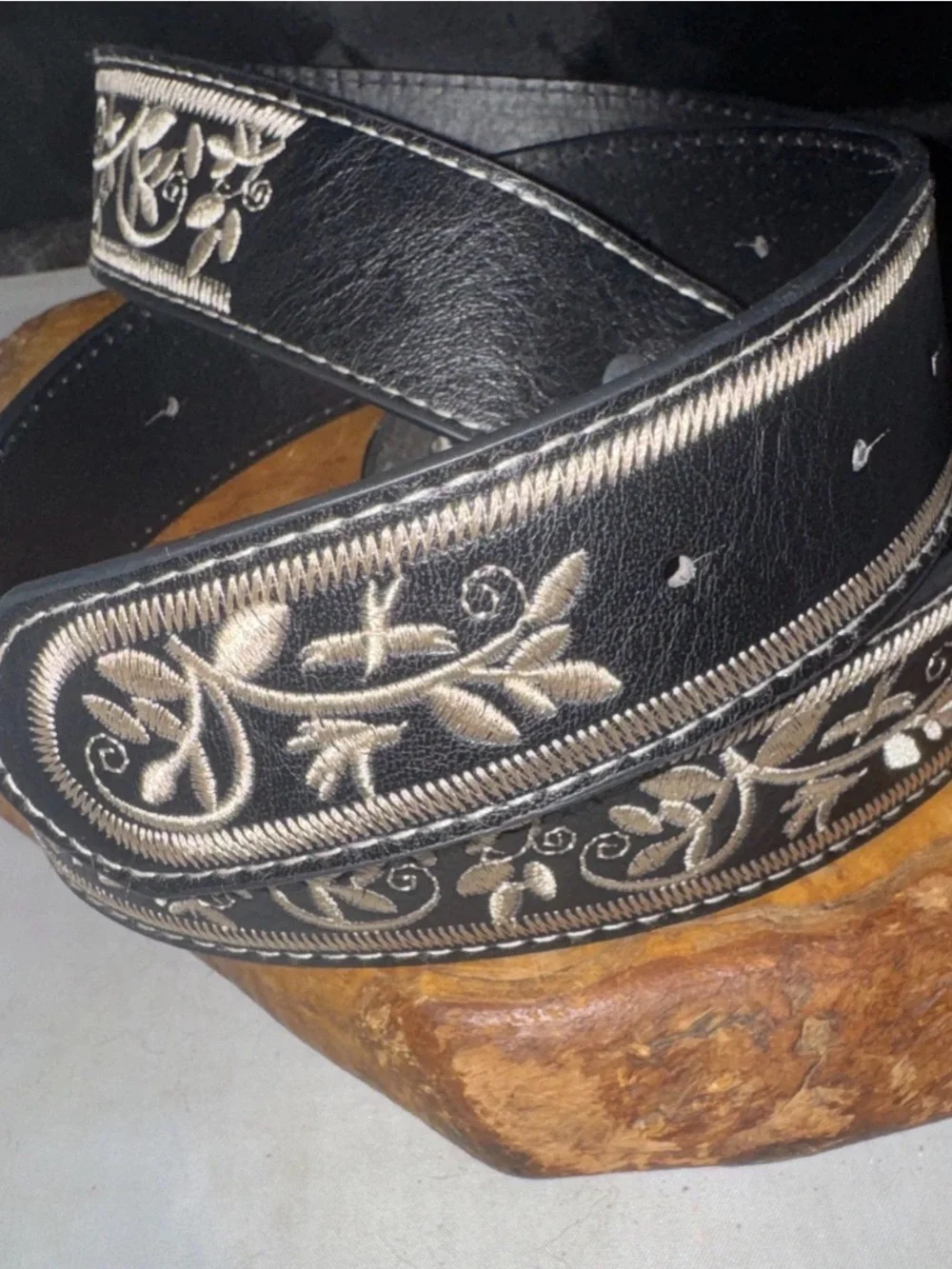 Embroidered ladies Black Leather Belt with Ornate Silver Buckle